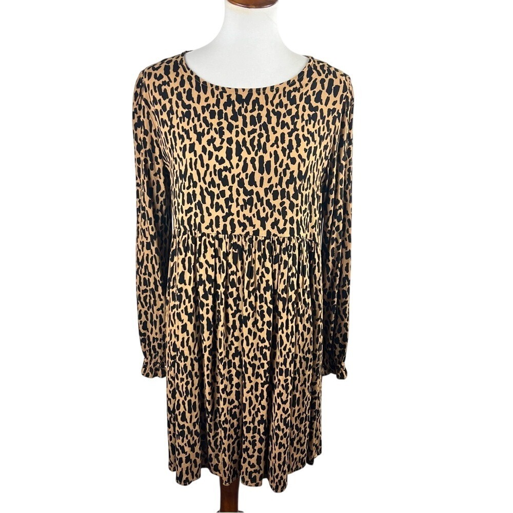 Nordstrom BP Leopard Print Babydoll Long Sleeve Tiered Mini Dress Size Medium